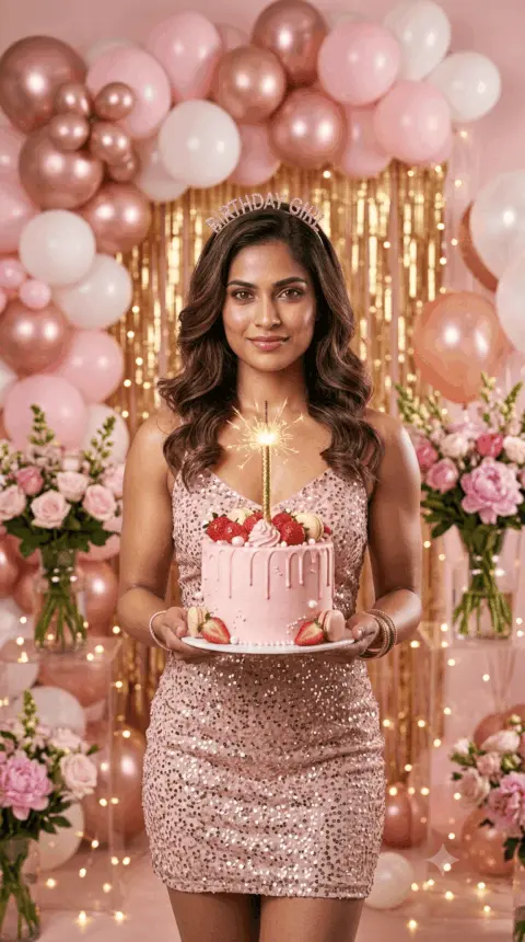 Birthday Girl AI Photo Prompts 2026: Pink Cake, Sparkling Dress & Glam Portrait Ideas (Free Copy-Paste) - AI photo prompt