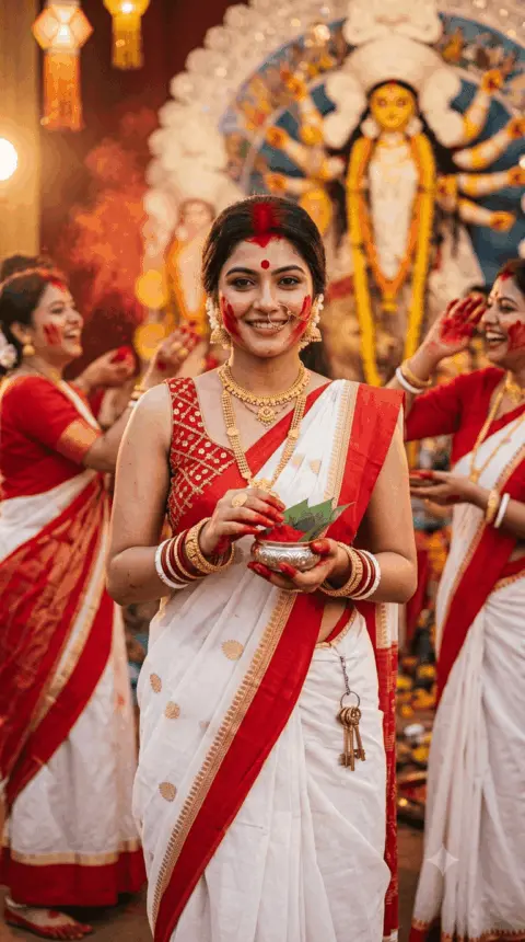 Sindoor Khela AI Photo Prompts for Girls: Durga Puja Saree Look 2026